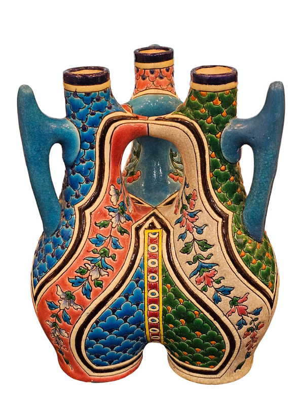Longwy Vase Gourde Trilobé "Ecailles et Guirlandes Florales"