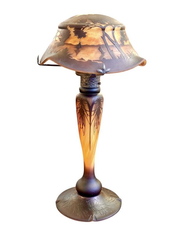 Daum Nancy Lampe Champignon "Paysage Marin Aux Bateaux"